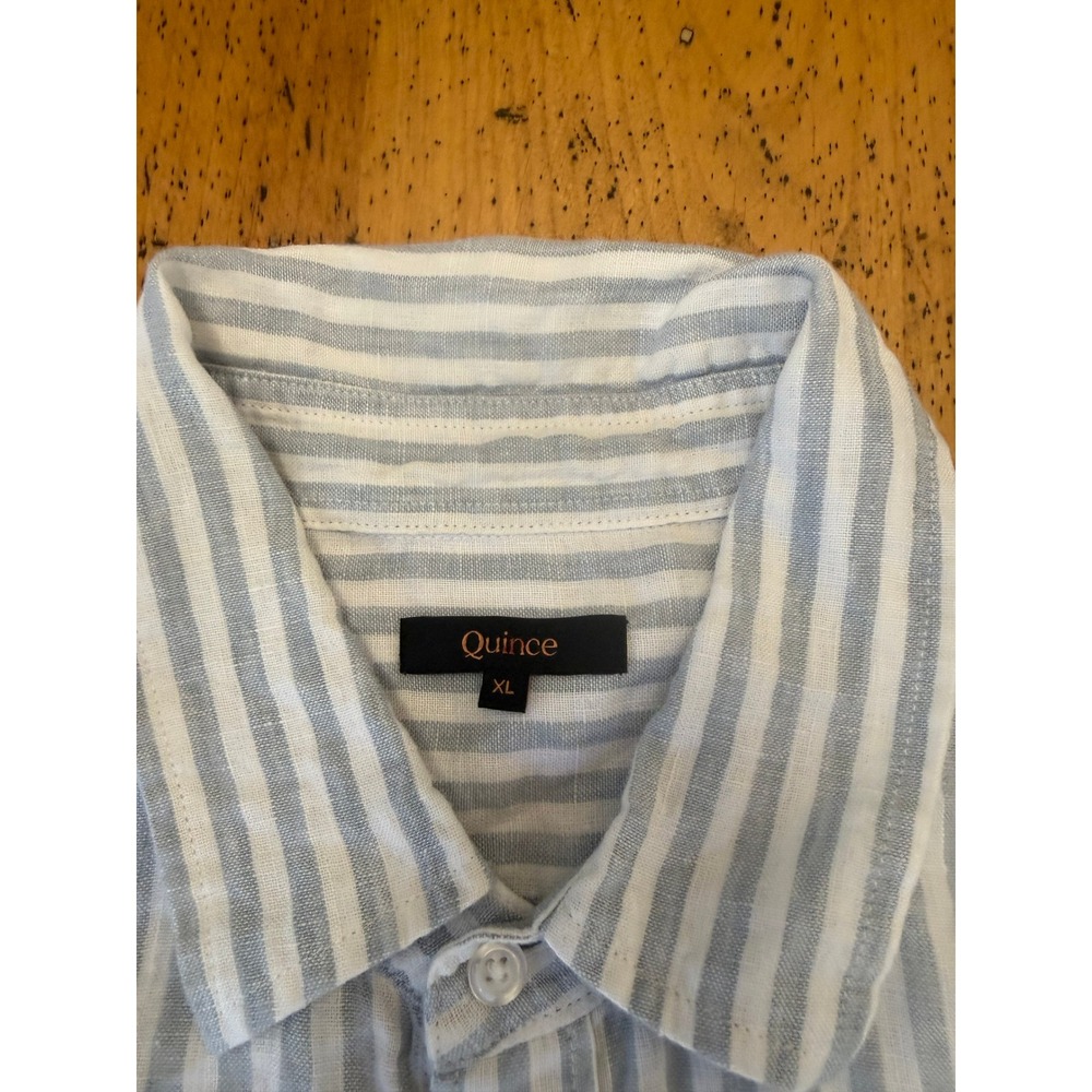 Quince 100% Linen XL Light Blue White Striped Short Sleeve Button Down Shirt - Picture 2 of 6